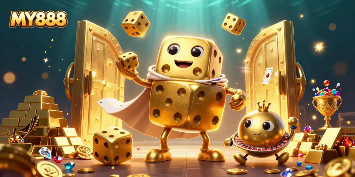 Engage with MY888's vibrant 3D casino adventure, featuring a whimsical golden dice golem juggling winnings.