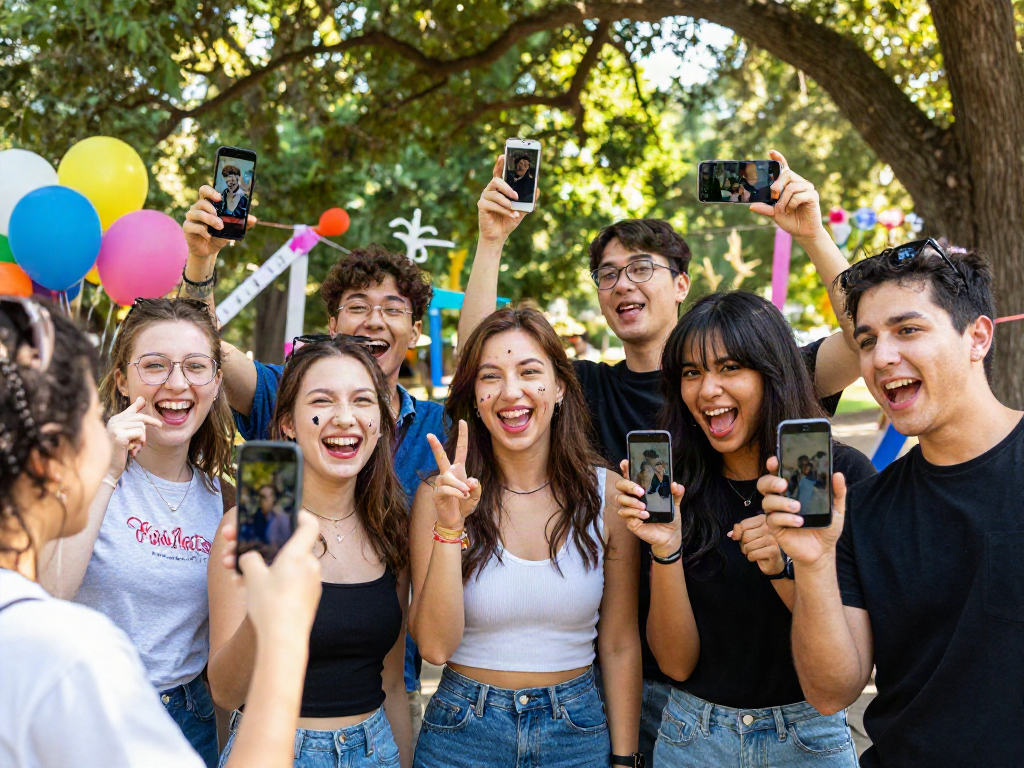 Group of friends enjoying a celebrity look alike photo challenge in a vibrant park setting