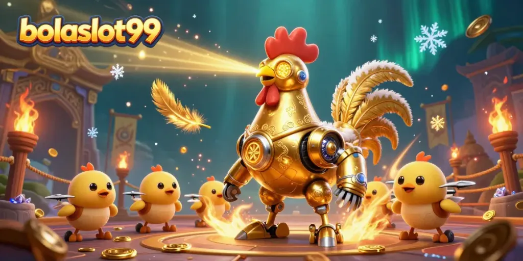 Engage with the electrifying experience of bolaslot99 featuring a golden rooster robot and drones amidst casino elements.