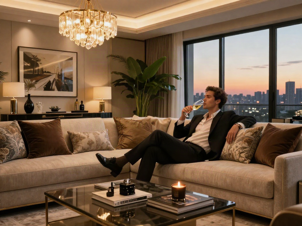 LUXURY 111 dalam gaya hidup mewah dengan individu santai di ruang tamu yang elegan.