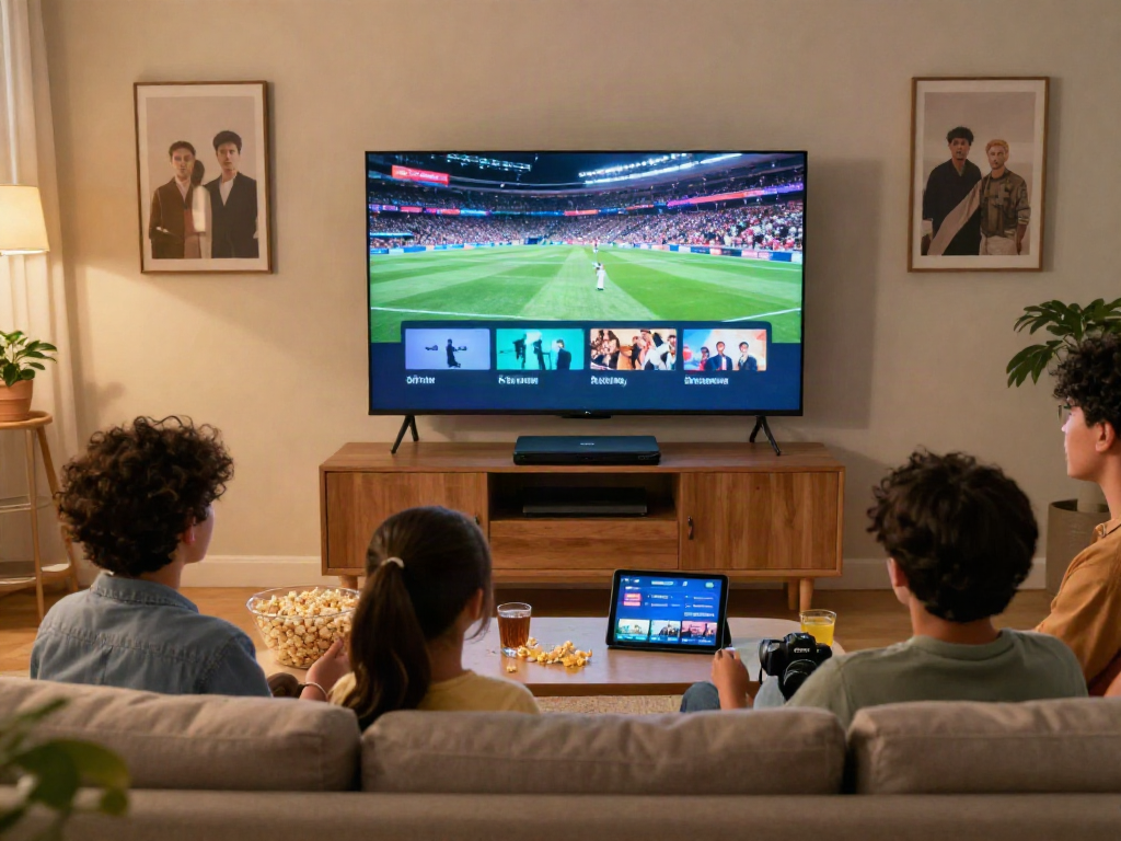 Family enjoying digitaline iptv on a large screen in a cozy living room.