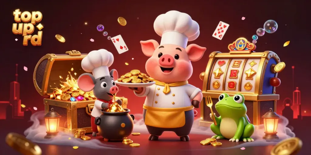 Top up rd pada ilustrasi kasino 3D dengan karakternya yang melayani koin emas.