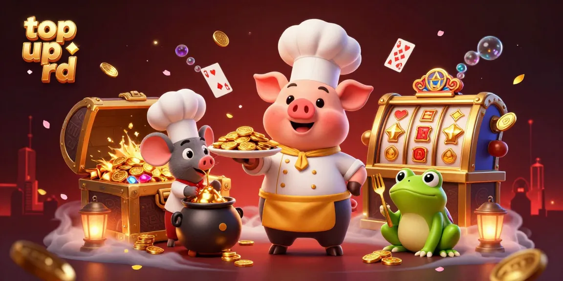 Top up rd pada ilustrasi kasino 3D dengan karakternya yang melayani koin emas.