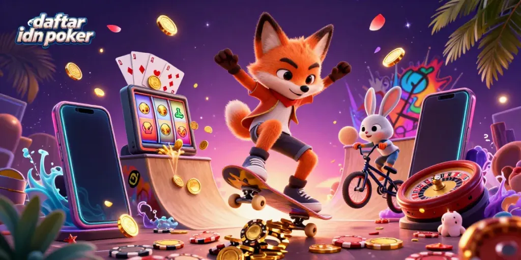 Engage with daftar idn poker in this vibrant scene featuring a skateboarder fox and BMX rabbit by casino symbols.