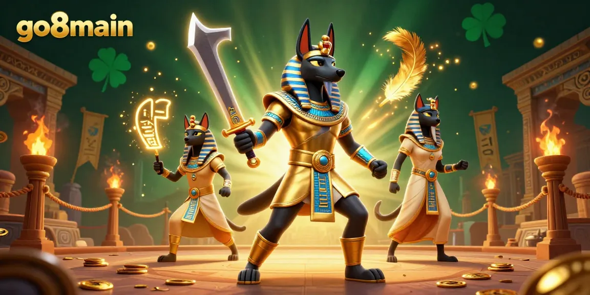 Spin the reels at go8main with Anubis, Bastet, and floating hieroglyphs in a vibrant casino scene.