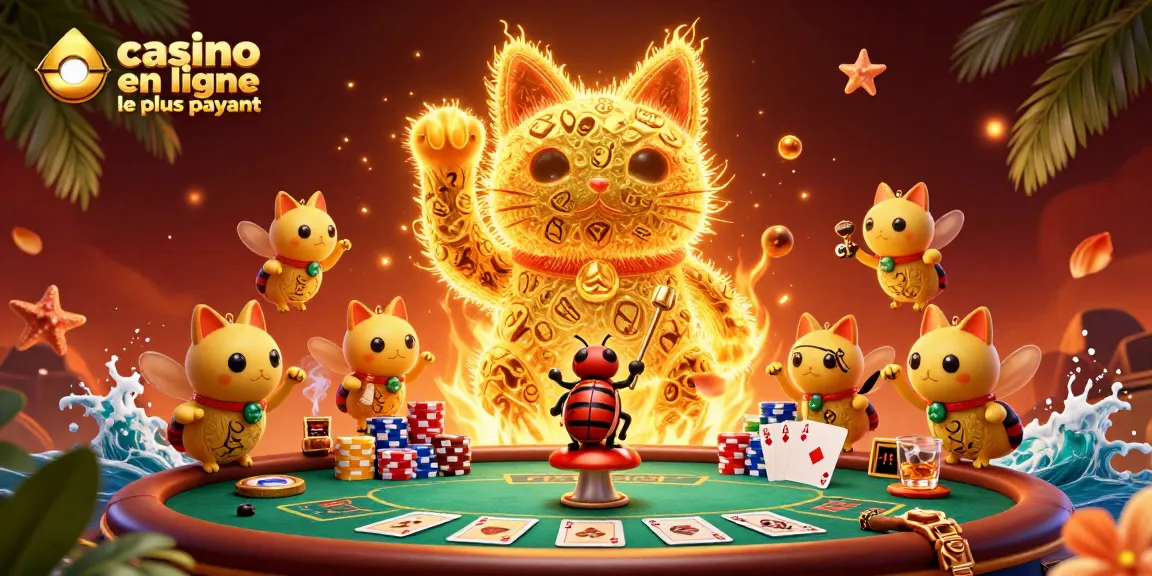 Les lucioles en or formant un chat porte-bonheur dans un casino en ligne le plus payant, entourées de cartes et de jetons.