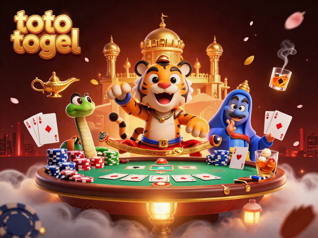 Experience the excitement of toto togel with a 3D illustration of magical casino characters and vibrant game elements.