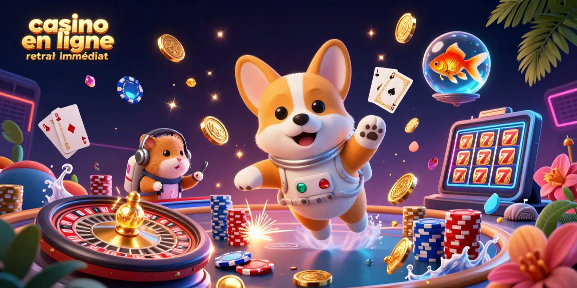 Casino en ligne retrait immédiat : Un corgi astronaute dans un casino flottant entouré de pièces d'or.