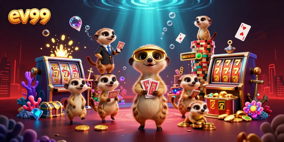 Join the meerkats in the vibrant ev99 casino operation with slot reels and gold coins.