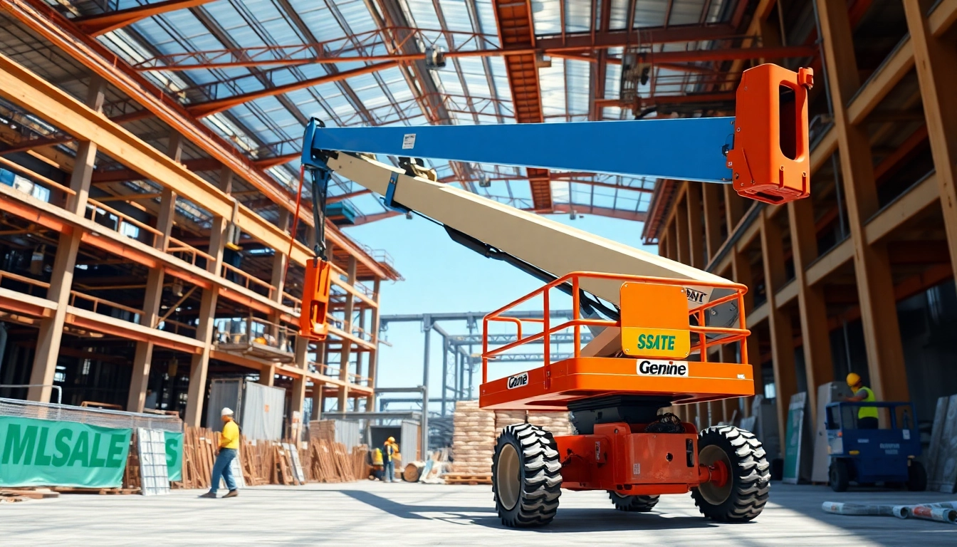 Utilizing a genie boom lift for construction tasks, demonstrating its operational capabilities.