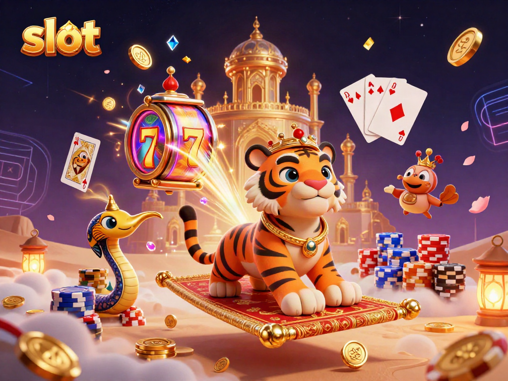 Menghadirkan slot mesin dengan gulungan keberuntungan di latar belakang sultan harimau Arab yang mengagumkan.
