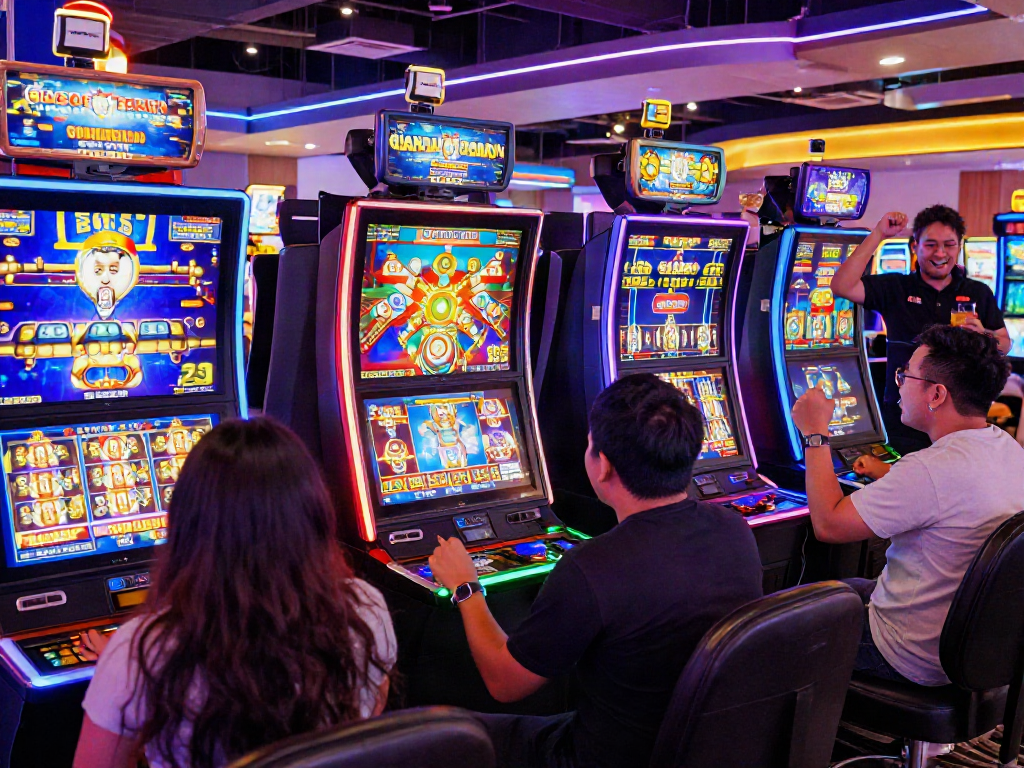 Exciting casino atmosphere with players celebrating wins on slot gacor terbaru machines.