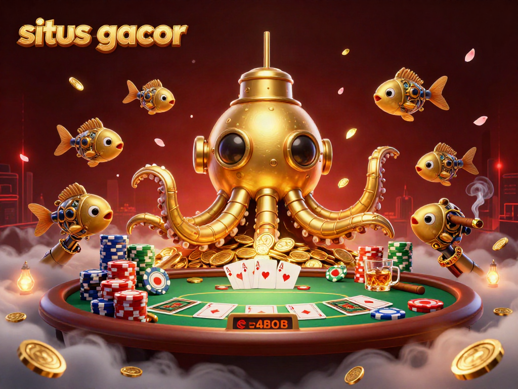 Engage with situs gacor at an ultra-detailed casino scene featuring a kraken submarine amidst poker elements.