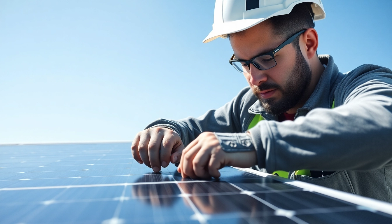 Technician executing emergency solar panel repair with precision on a rooftop installation.
