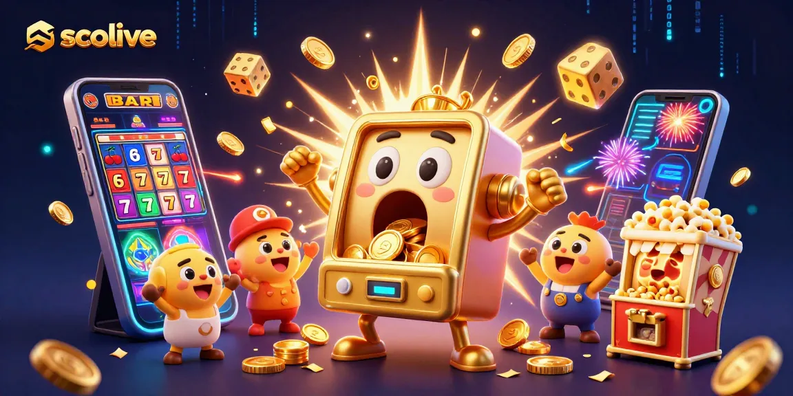 Socolive features a cartoon slot machine celebrating a jackpot amidst an explosion of coins and casino elements.
