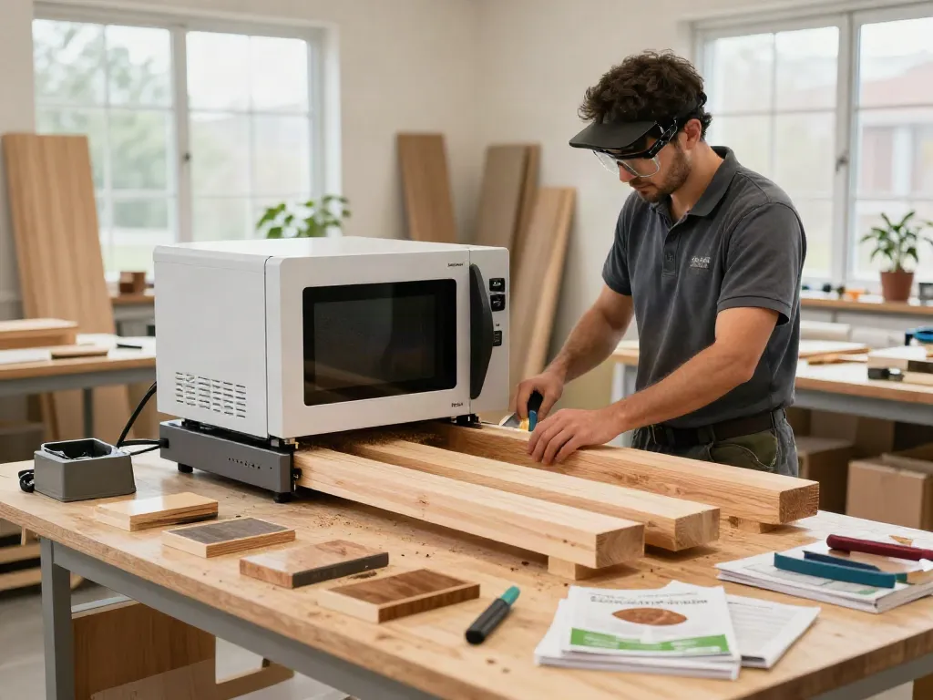 SHASHEL® microwave device in use for eco-friendly wood pest elimination in a modern workshop.