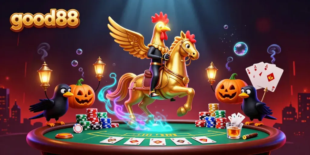 Experience exciting poker action with good88 in a vibrant casino scene featuring unique characters.