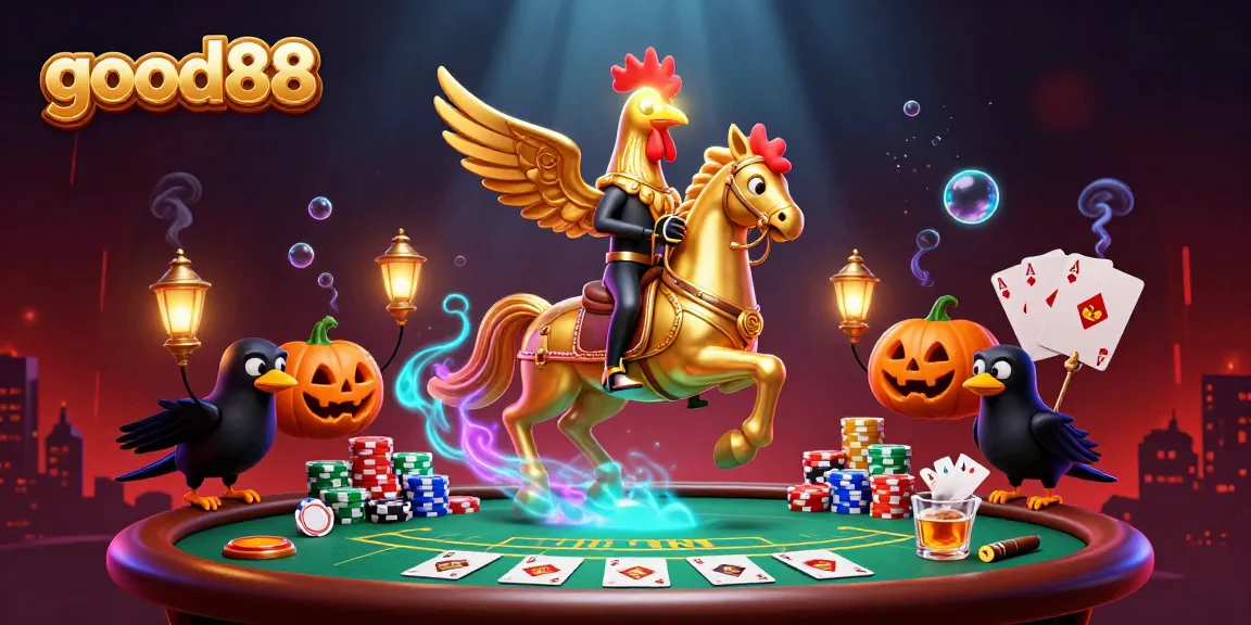 Experience exciting poker action with good88 in a vibrant casino scene featuring unique characters.