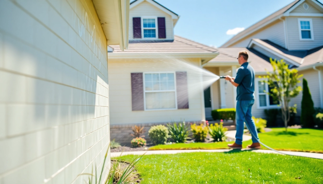 Technician performing house washing, illustrating the effectiveness of House Washing services.