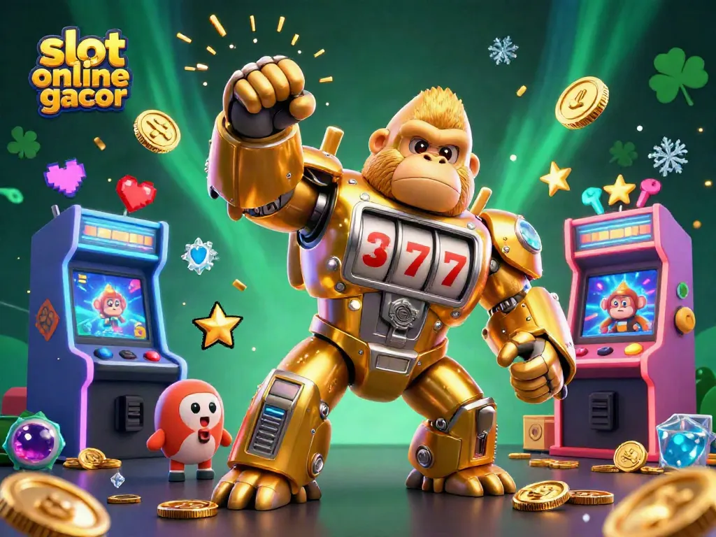 Experience thrilling gameplay in slot online gacor with a dynamic, colorful scene of a golden gorilla mech, arcade machines, and coins exploding.