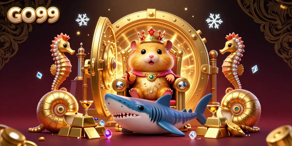 Experience the excitement at GO99 with a golden hamster king on a shark tooth throne surrounded by treasures.