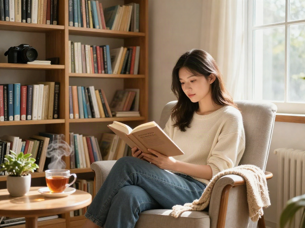 Cozy reading scene inviting users to click to read a captivating book in a warm library setting.