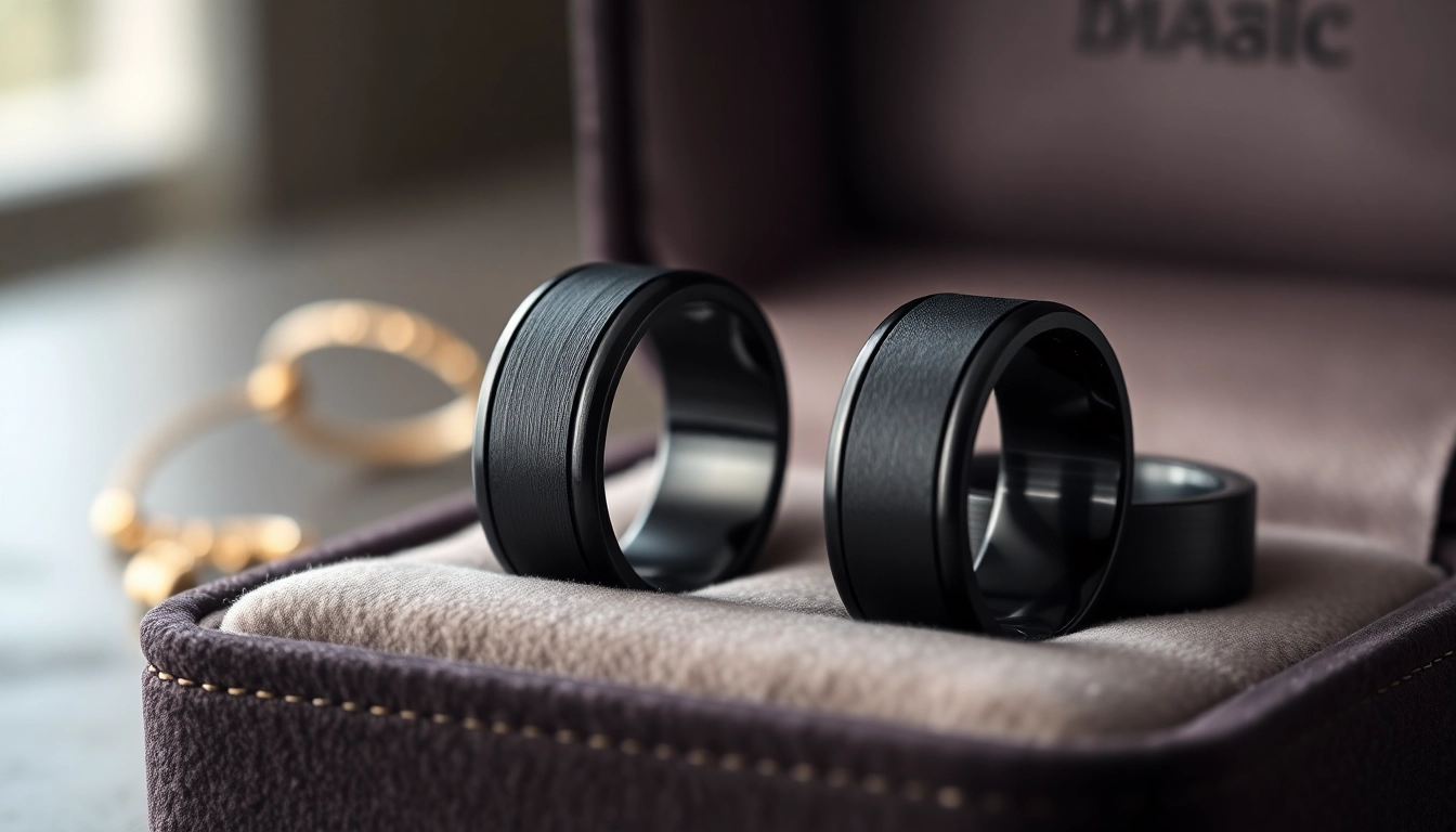 Showcasing stunning Black Zirconium Rings on a velvet display highlighting their unique craftsmanship.