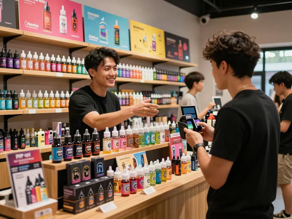 Pop Clouds E-Liquid flavors displayed in a vibrant vape shop.
