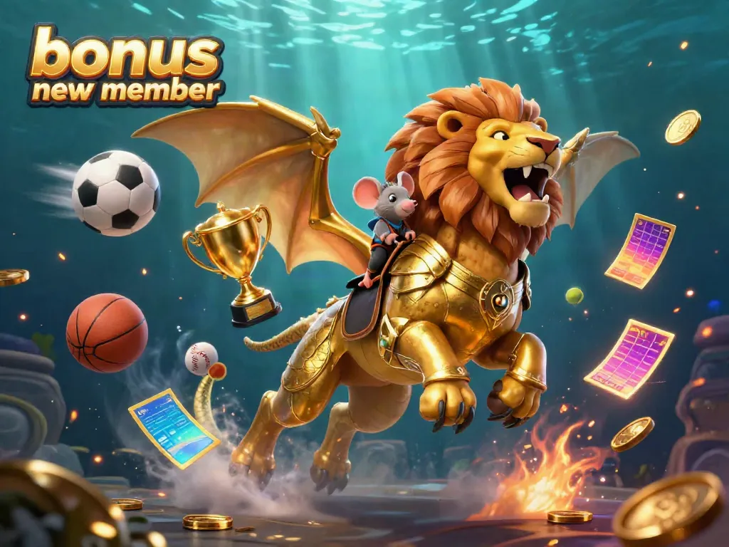 Join the excitement with "bonus new member" in this vibrant 3D illustration showcasing dynamic casino elements.