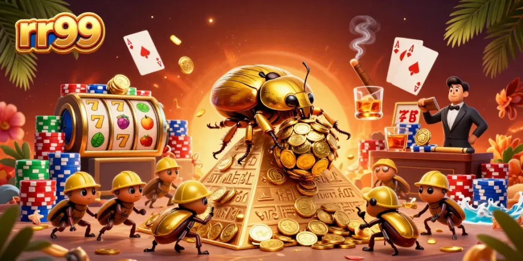 Experience thrilling gameplay at rr99 with massive golden beetles and vibrant casino elements.