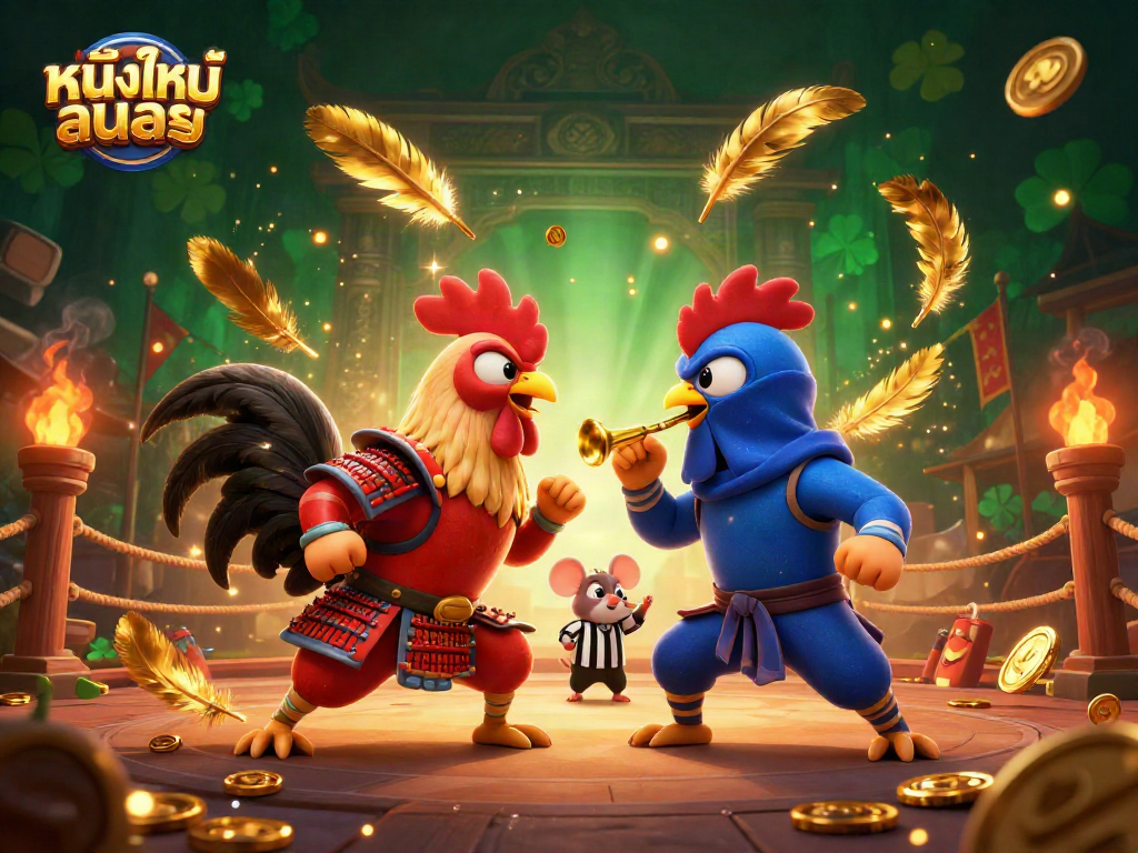 การต่อสู้ระหว่างไก่สองตัวในเสื้อเกราะซามูไรสีแดงและชุดนินจาสีน้ำเงิน หนังใหม่ชนโรง