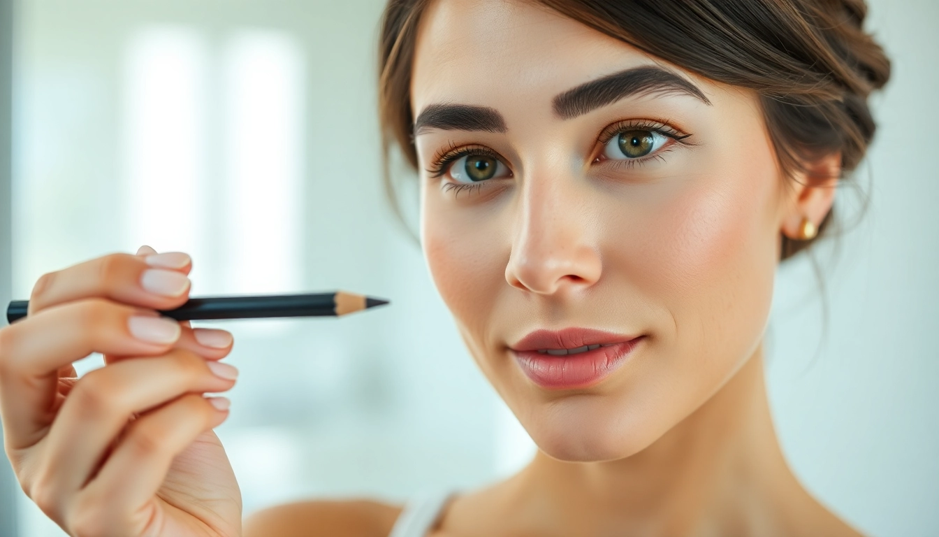 Apply pencil eyebrows for flawless brows in a bright bathroom setting.