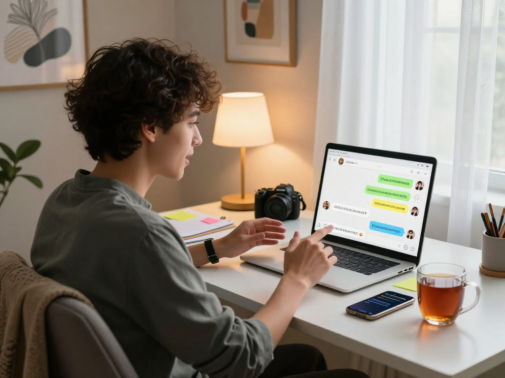Young adult engaging in an AI NSFW chat in a cozy home office.