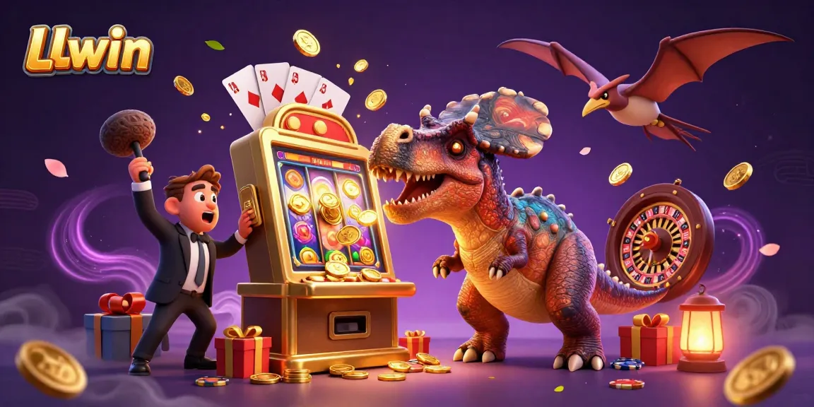 LLwin casino scene featuring a pachycephalosaurus winning jackpot coins with a slot machine.