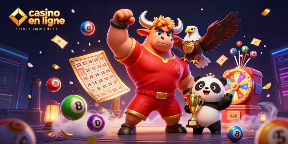 Casino en ligne retrait immédiat : mascotte taureau, aigle, panda au milieu d'éléments de jeu vibrants.