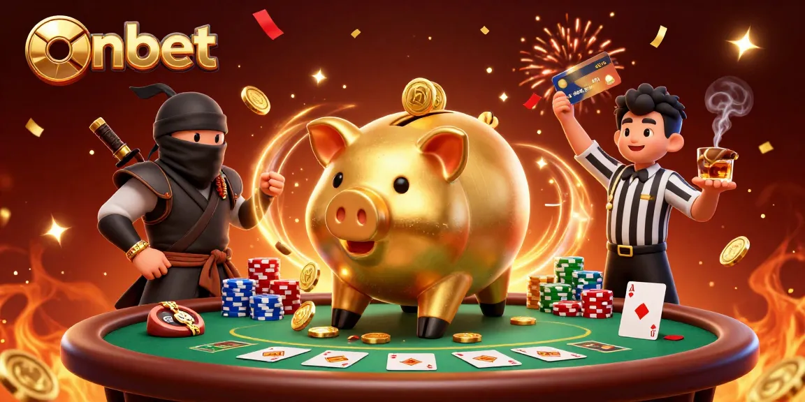 Engage with thrilling onbet casino action featuring a golden piggy bank sumo wrestler, colorful poker elements, and exciting gameplay.