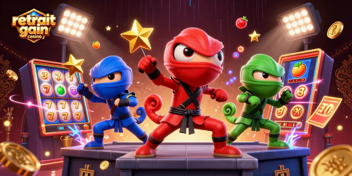 Retrait gain casino avec des ninjas 3D et des éléments de jeu de machines à sous colorés.
