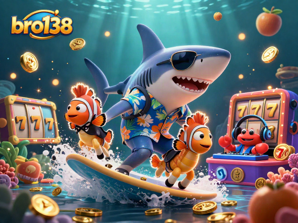 Experience fun with bro138, featuring a shark and clownfish amidst vibrant slot reels and coins.
