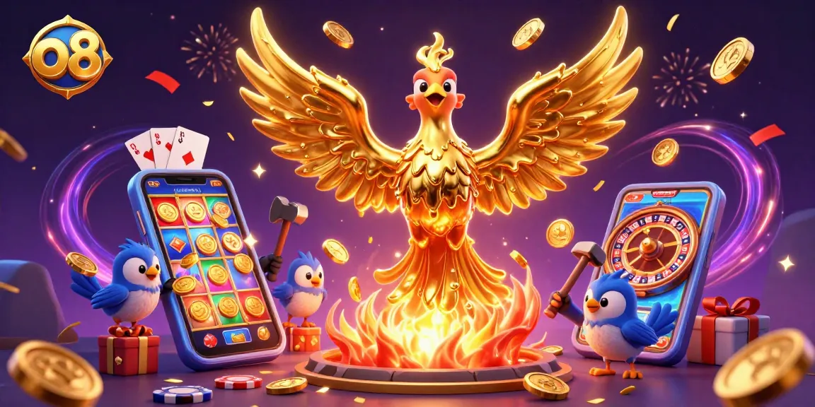 Experience the excitement of o8 with a dynamic 3D illustration showcasing a golden phoenix and casino elements.