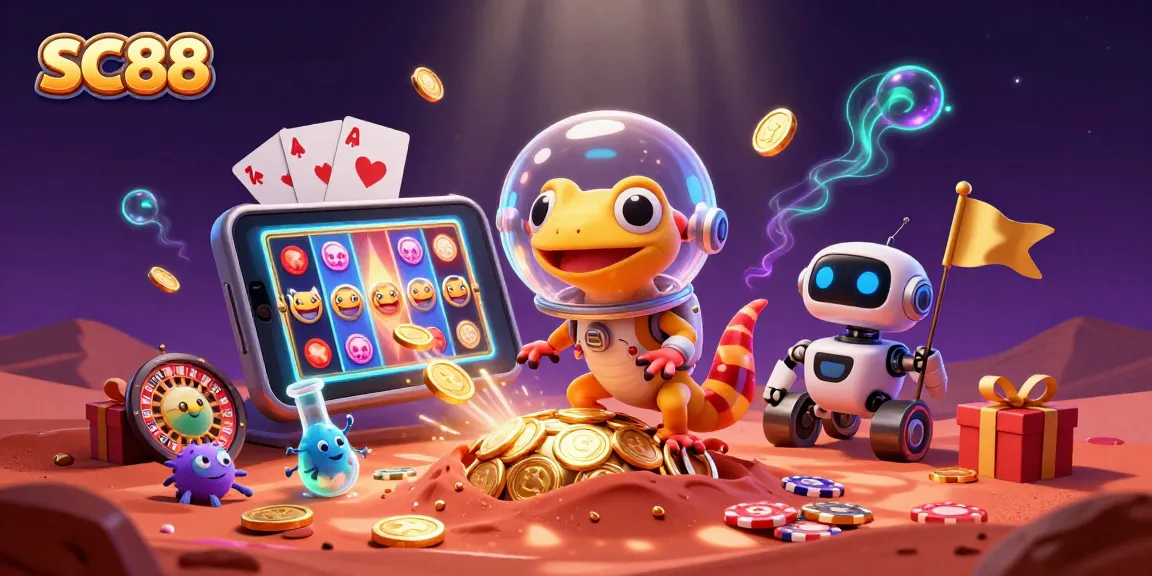 SC88 Martian gecko finds a hidden casino, exciting gamers with vibrant slot games and gold.
