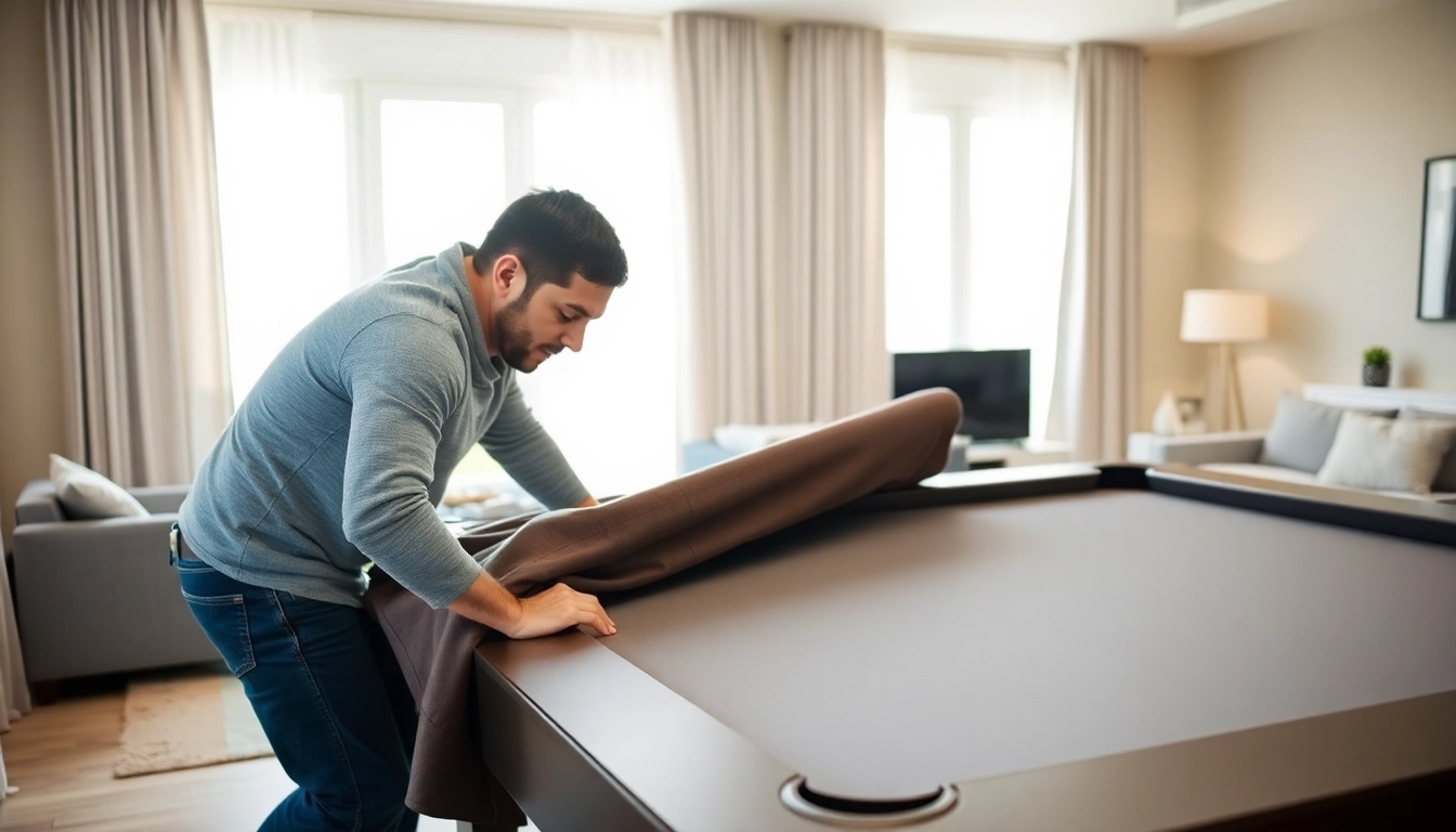 Pool table mover skillfully disassembling a slate pool table for safe relocation