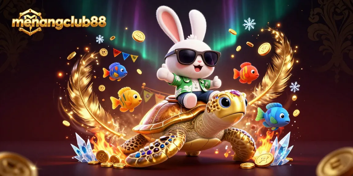 Win big at menangclub88 with a lucky rabbit and golden turtle in a vibrant casino scene.