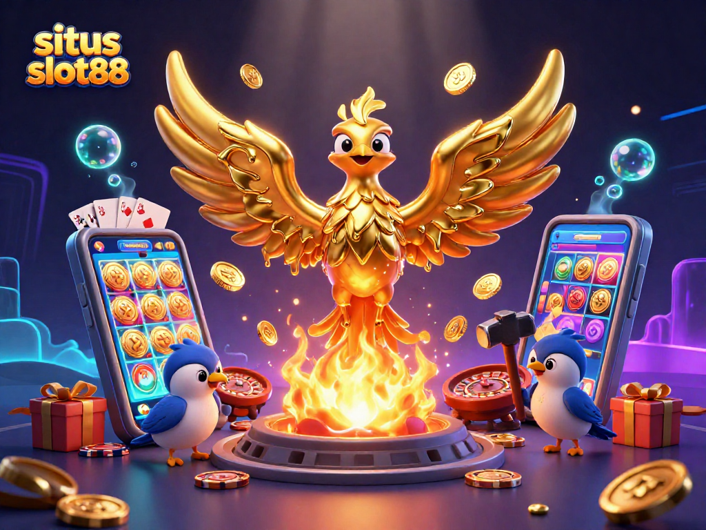 Situs slot88 showcases golden phoenix and casino games in a vibrant digital illustration.