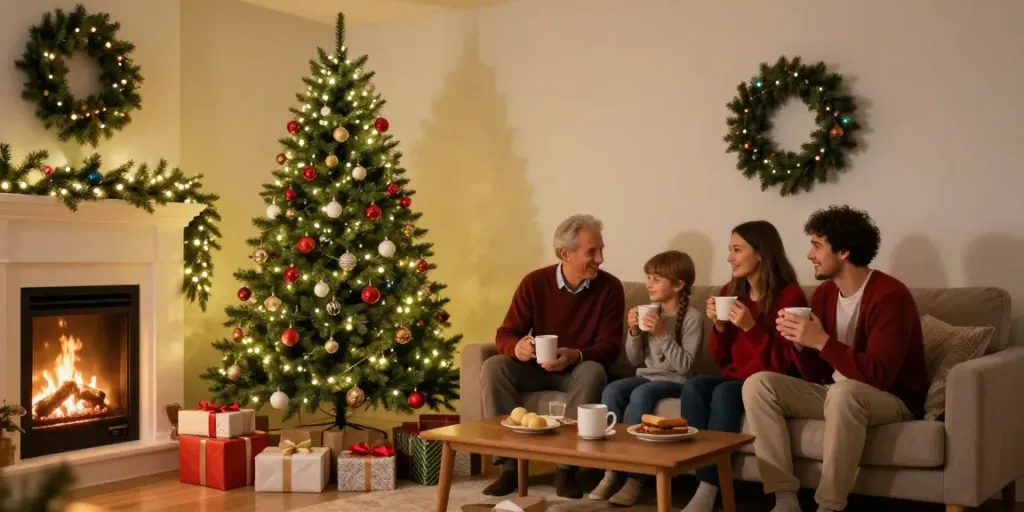 Tall skinny Christmas tree beautifully decorated in a cozy living room filled with holiday cheer.