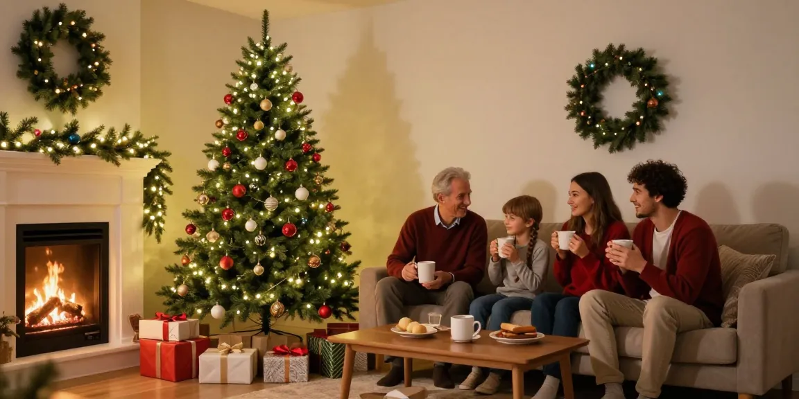 Tall skinny Christmas tree beautifully decorated in a cozy living room filled with holiday cheer.