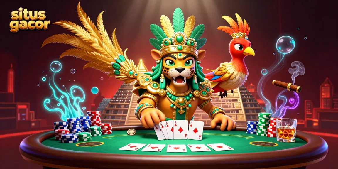 Situs gacor showcases a vibrant Mayan-themed poker scene with characters, chips, and cards.