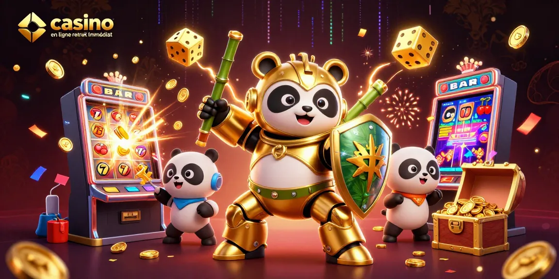 Illustration de casino en ligne retrait immédiat avec un panda doré en robot dans une scène dynamique de machines à sous.