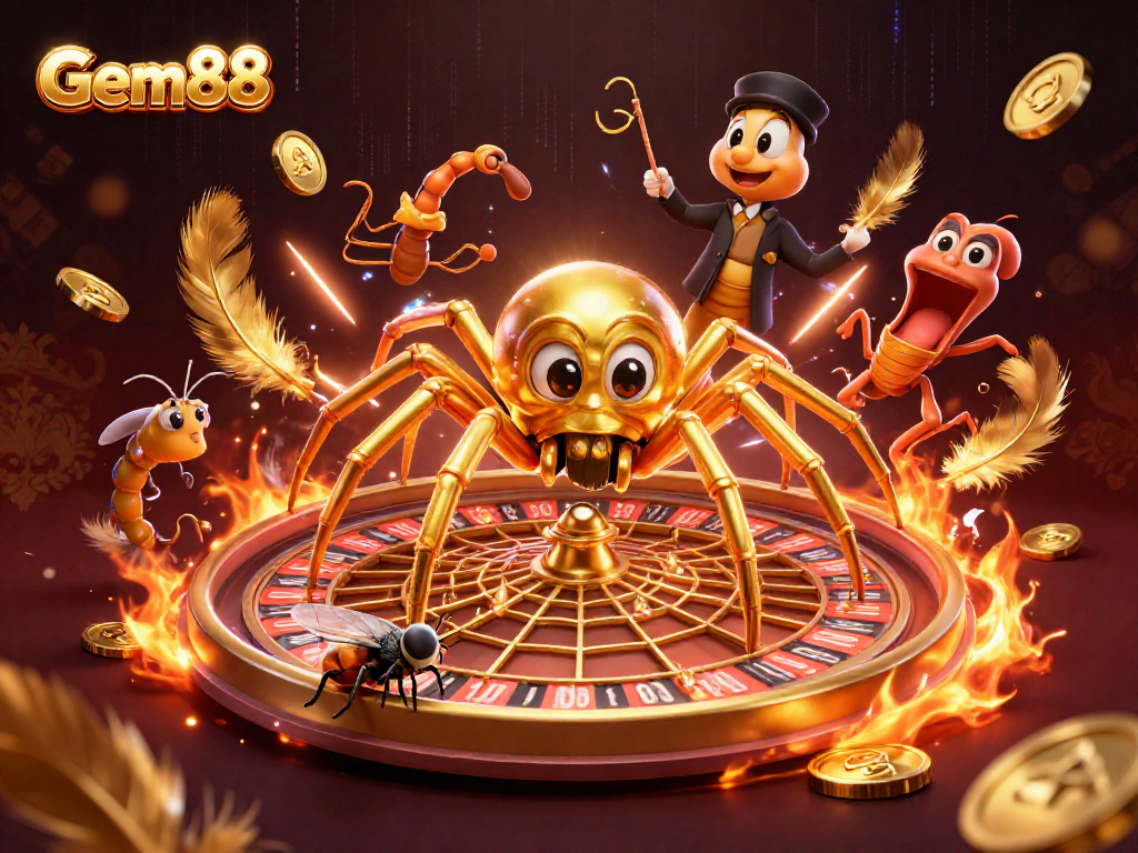 Place bets with Gem88 at a thrilling roulette scene featuring a spider and croupier.