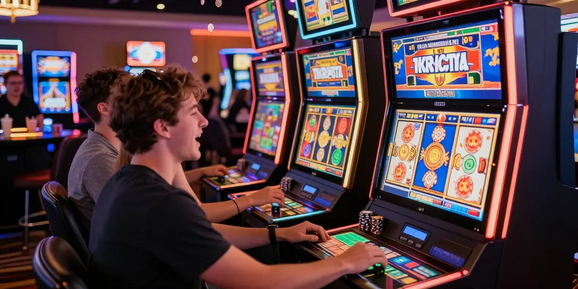 Group enjoying ทดลองสล็อต experience at a vibrant casino with lively slot machines and colorful screens.
