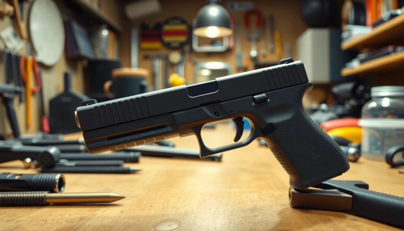Showcasing a Glock 26 Gen 5 slide in a professional workshop environment, emphasizing craftsmanship.